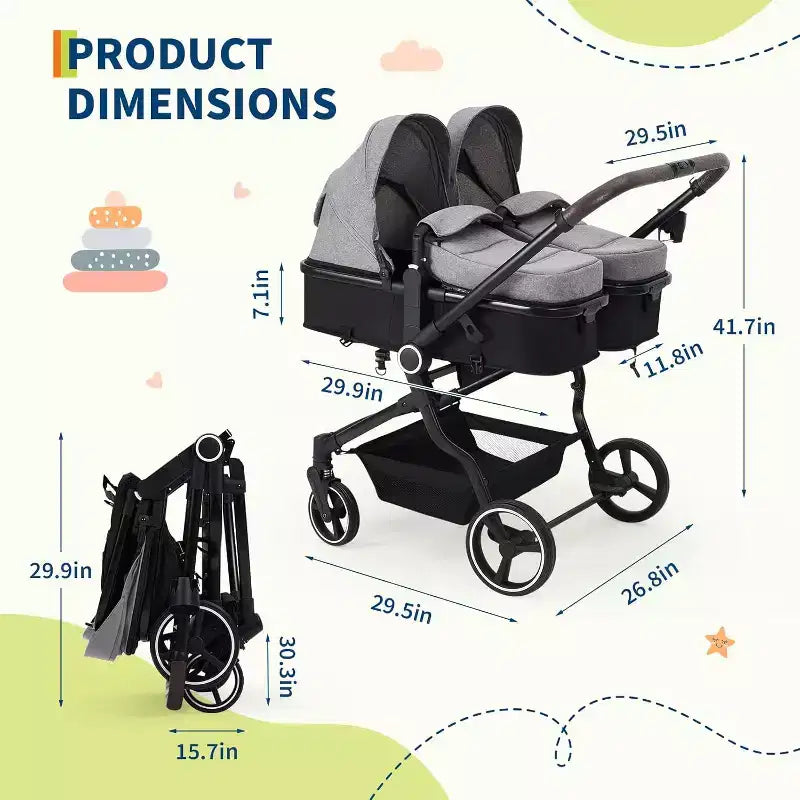 Poussette Double Côte à Côte Pliable Compacte Légère Jumeaux Bébé
