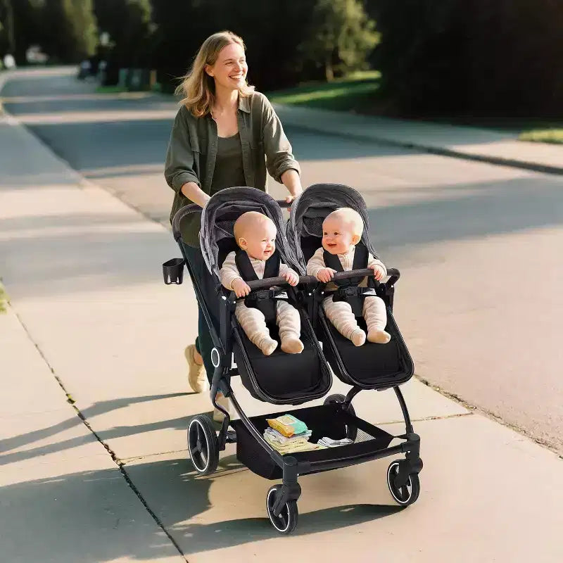 Poussette Double Côte à Côte Pliable Compacte Légère Jumeaux Bébé