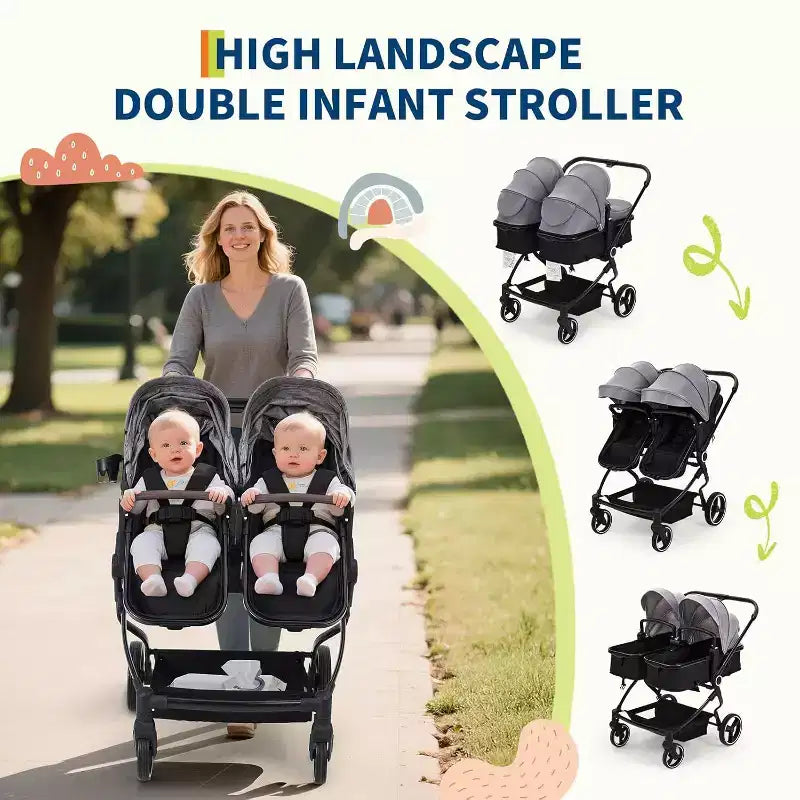 Poussette Double Côte à Côte Pliable Compacte Légère Jumeaux Bébé