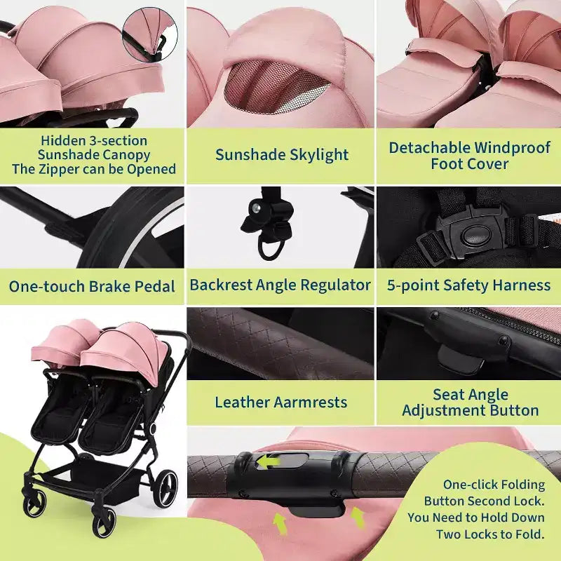 Poussette Double Côte à Côte Pliable Compacte Légère Jumeaux Bébé
