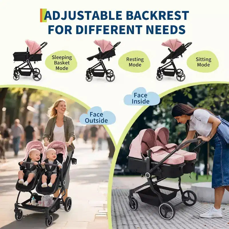 Poussette Double Côte à Côte Pliable Compacte Légère Jumeaux Bébé