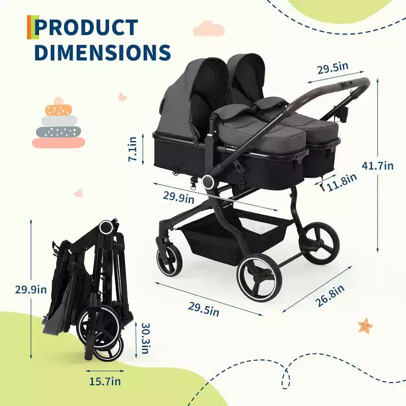 Poussette Double Côte à Côte Pliable Compacte Légère Jumeaux Bébé