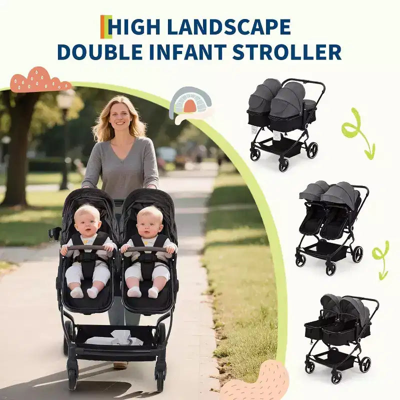 Poussette Double Côte à Côte Pliable Compacte Légère Jumeaux Bébé