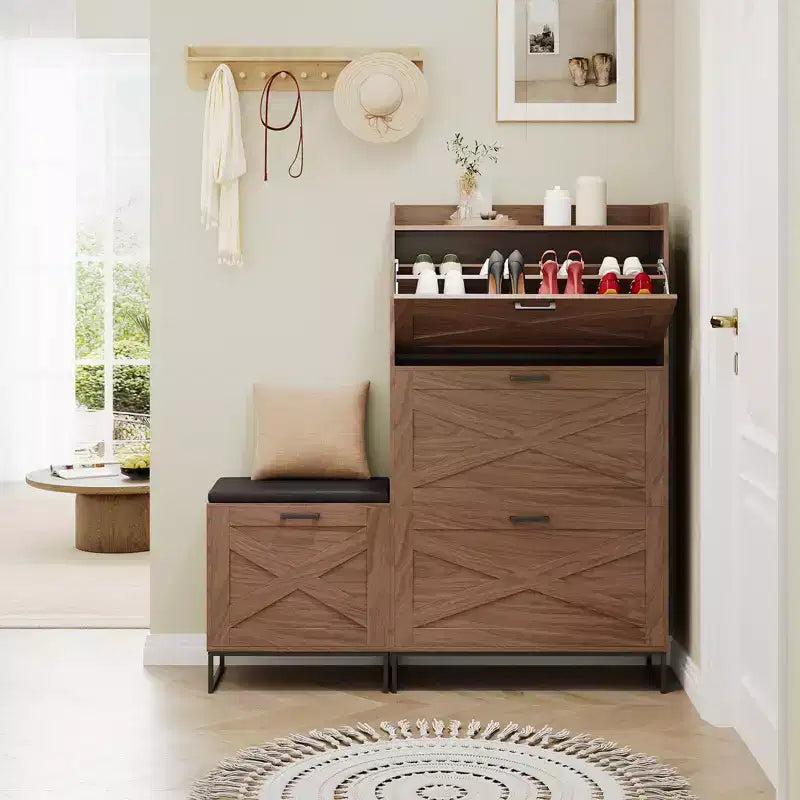 Meuble à Chaussures avec Banc, Meuble de Rangement pour Chaussures d'Entrée Style Ferme
