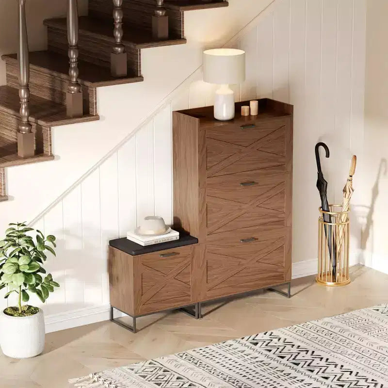 Meuble à Chaussures avec Banc, Meuble de Rangement pour Chaussures d'Entrée Style Ferme