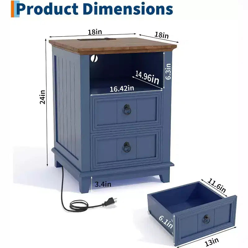 Table de chevet avec station de recharge, table d'appoint en bois de style rustique
