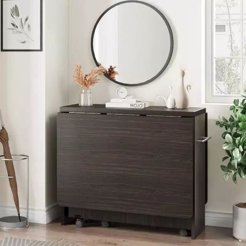 Table pliante multifonctionnelle avec roulettes, 2 étagères de rangement, casier, poignée