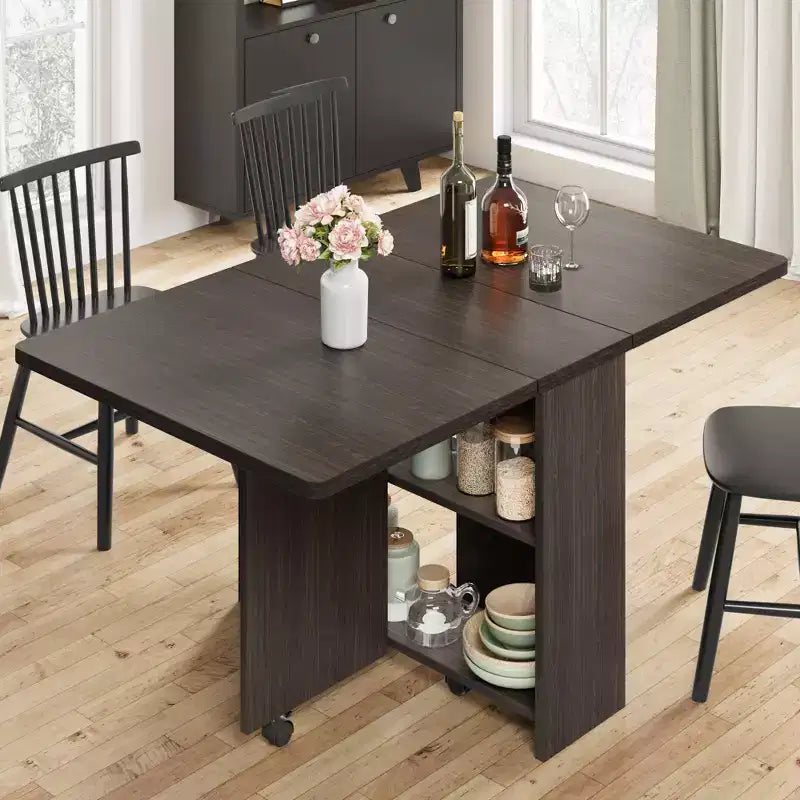 Table pliante multifonctionnelle avec roulettes, 2 étagères de rangement, casier, poignée