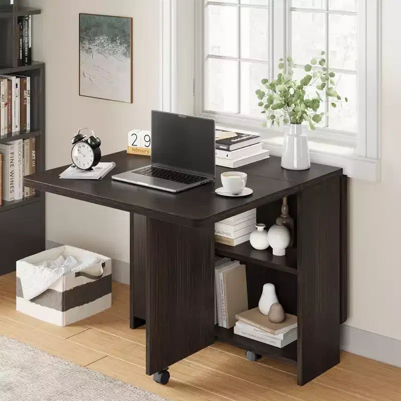 Table pliante multifonctionnelle avec roulettes, 2 étagères de rangement, casier, poignée