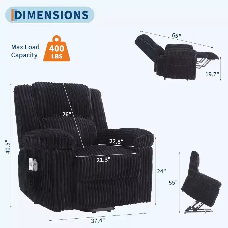 Power Lift Recliner Chair Plush Corduroy Upholstery, Electric Reclining Lift Chair