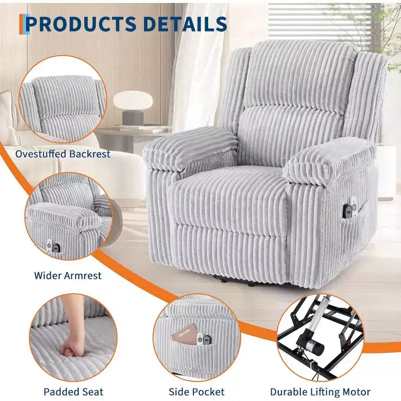 Fauteuil inclinable releveur électrique en velours côtelé moelleux, Fauteuil releveur électrique