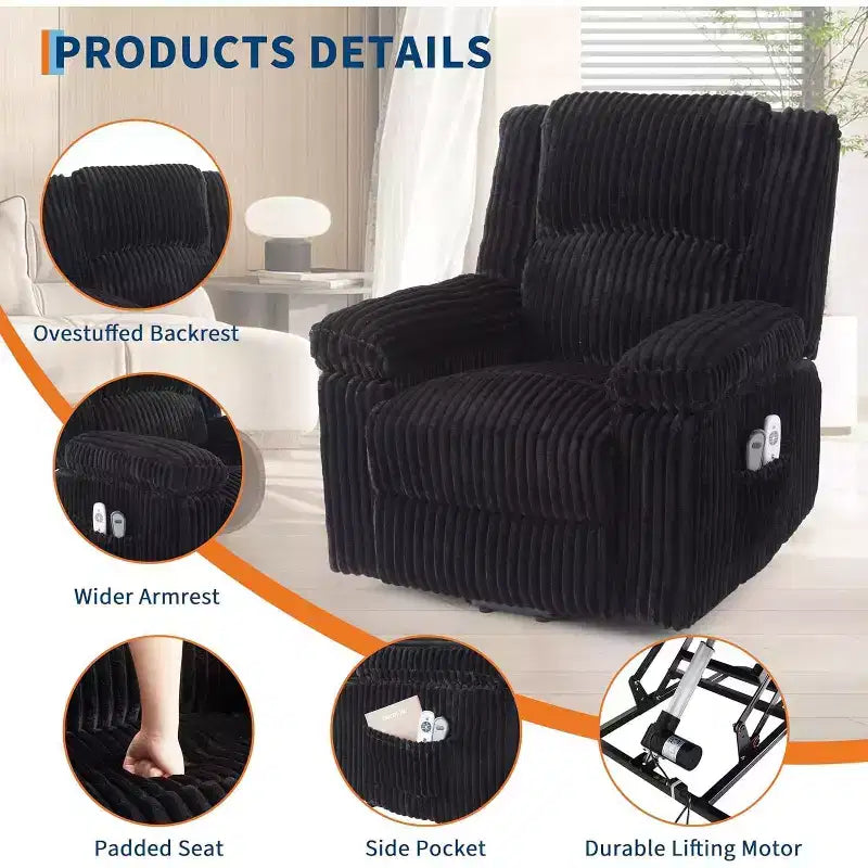 Fauteuil inclinable releveur électrique en velours côtelé moelleux, Fauteuil releveur électrique