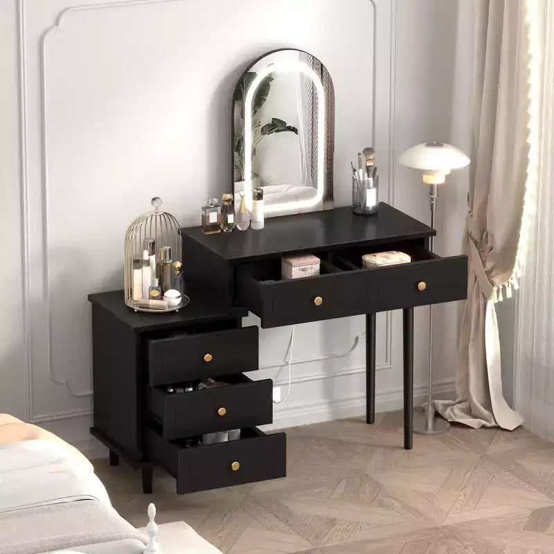 Makeup Vanity Desk with Lights and Mirror, Modern Dressing Table with 2 Drawers & 3-Drawer Cabinet, Adjustable LED Lighting Wood Vanity for Bedroom