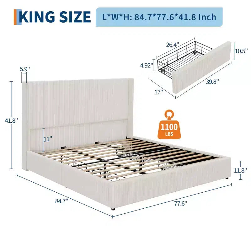 Bed Frame with Storage Drawers, Corduroy Upholstered Platform