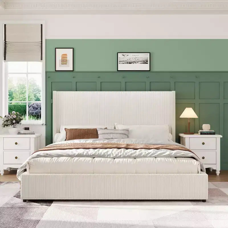 Bed Frame with Storage Drawers, Corduroy Upholstered Platform