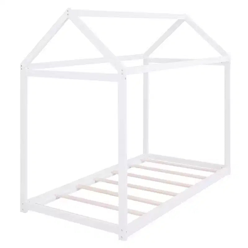 Lit de maison au sol en bois avec toit