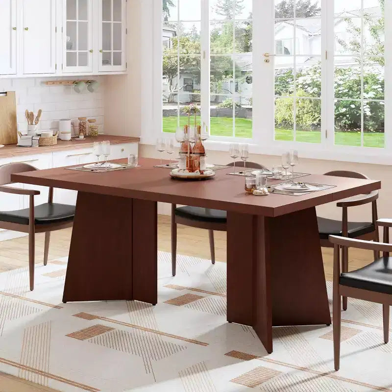 Longue table à manger, table de cuisine moderne avec grand plateau et base piédestal