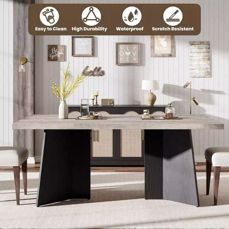 Longue table à manger, table de cuisine moderne avec grand plateau et base piédestal