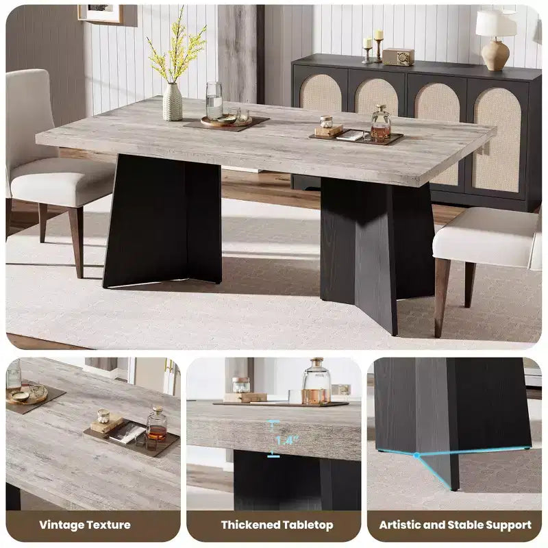 Longue table à manger, table de cuisine moderne avec grand plateau et base piédestal