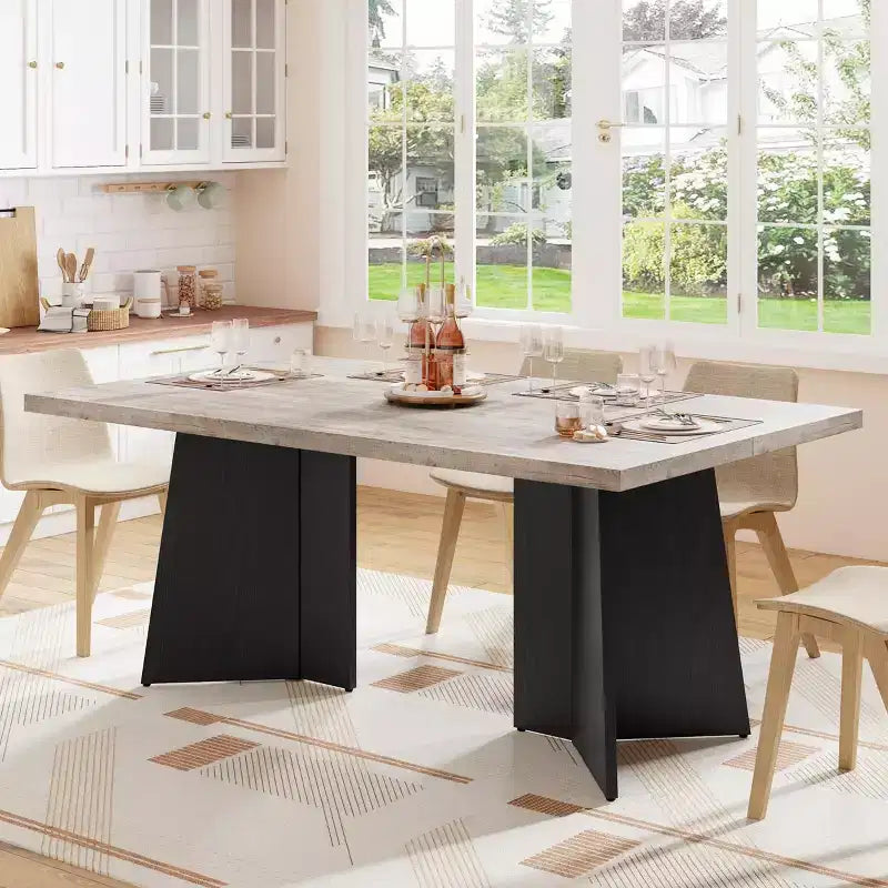 Longue table à manger, table de cuisine moderne avec grand plateau et base piédestal
