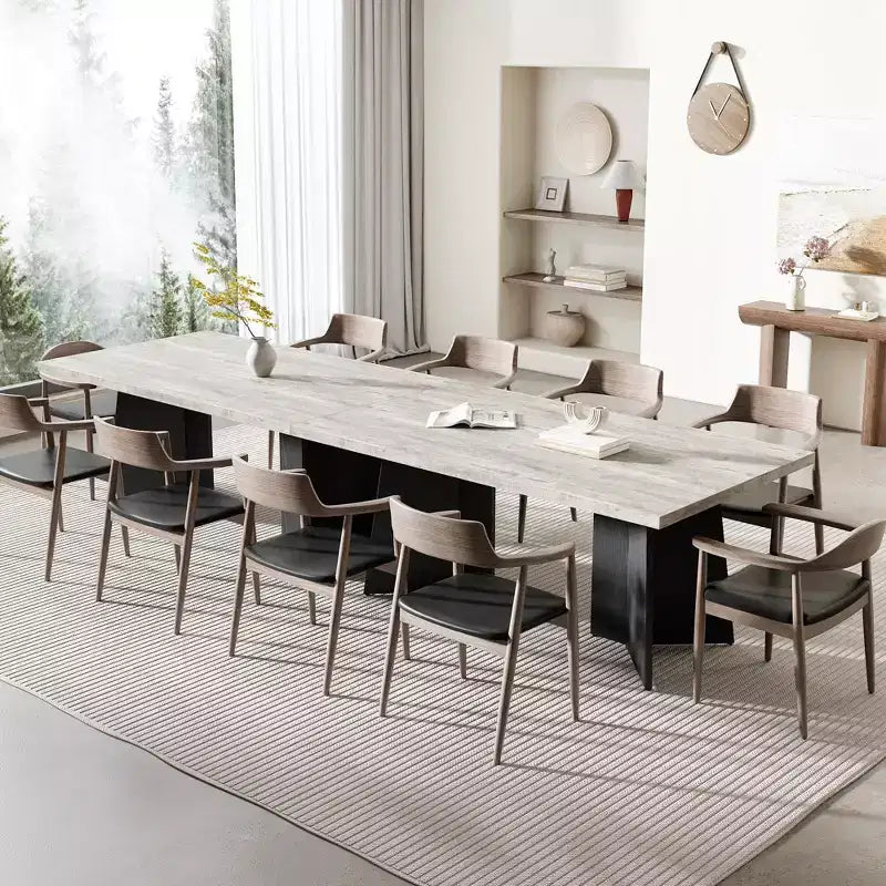 Longue table à manger, table de cuisine moderne avec grand plateau et base piédestal