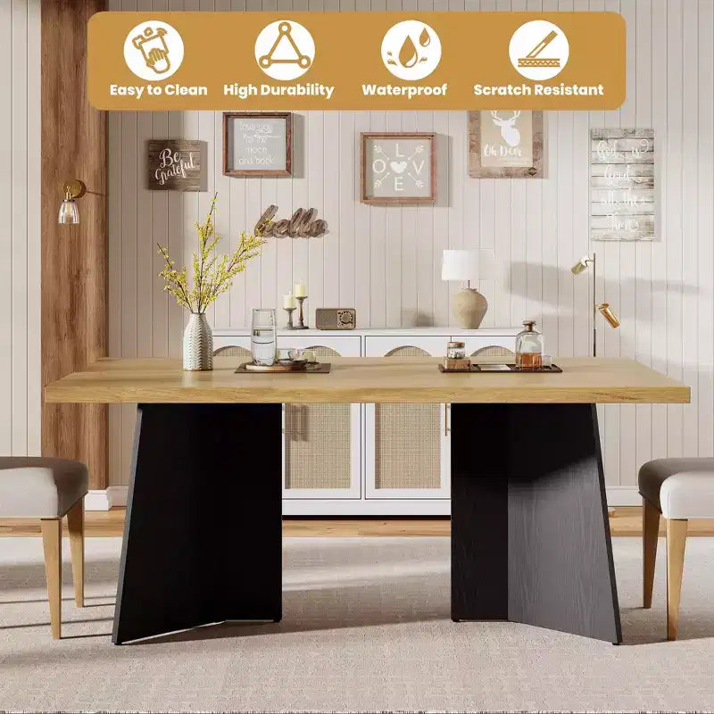 Longue table à manger, table de cuisine moderne avec grand plateau et base piédestal