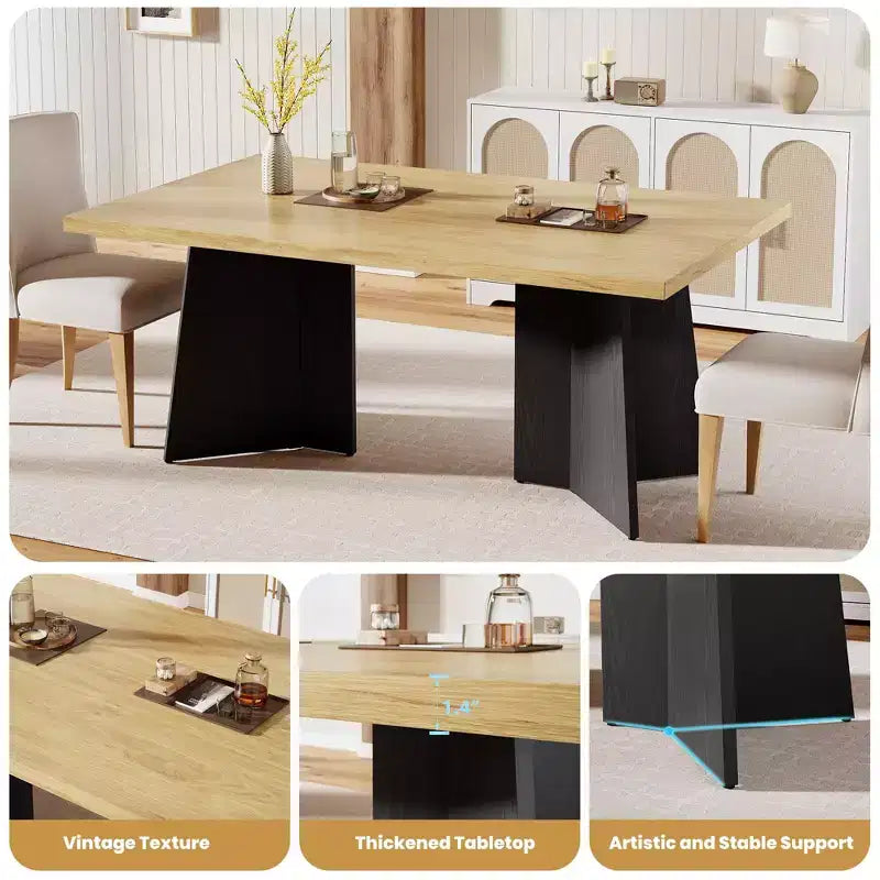 Longue table à manger, table de cuisine moderne avec grand plateau et base piédestal