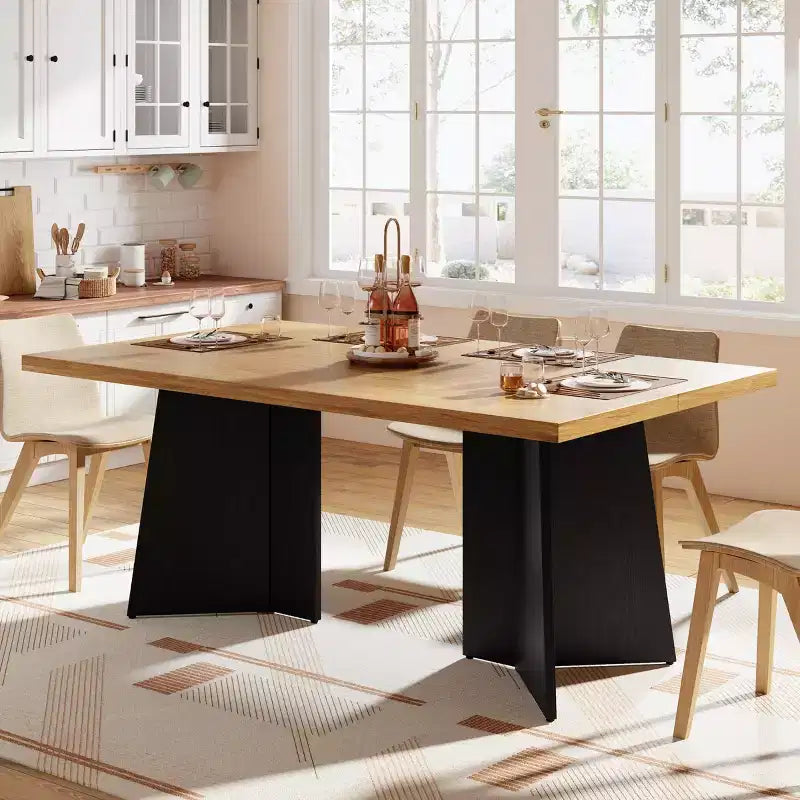 Longue table à manger, table de cuisine moderne avec grand plateau et base piédestal