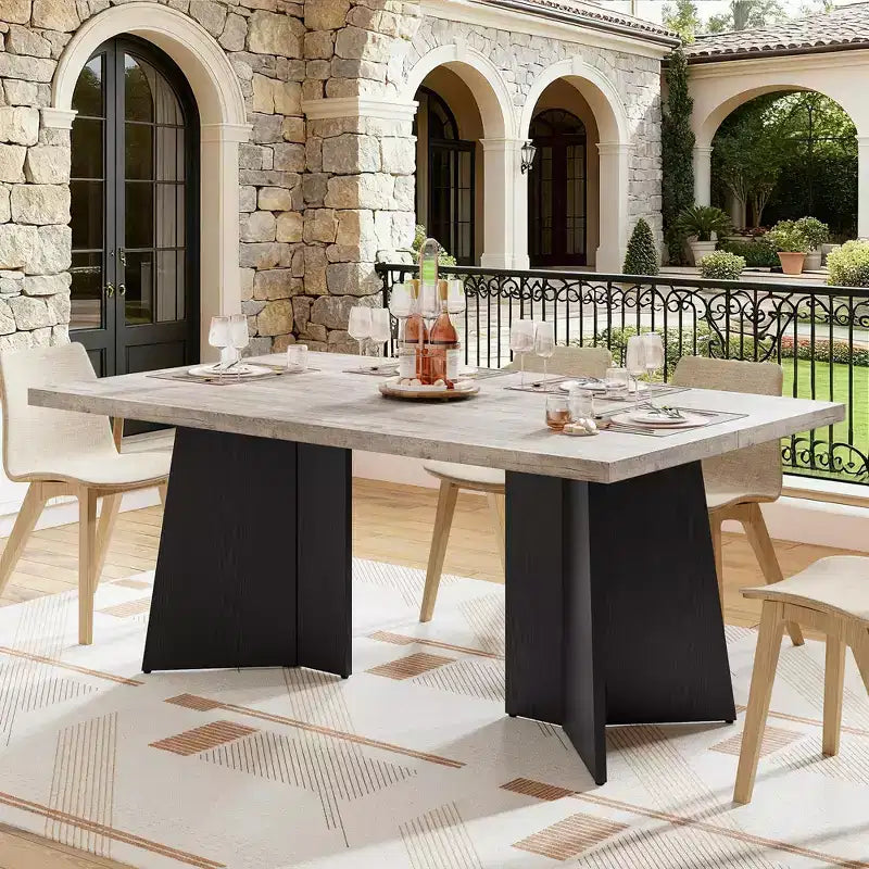 Longue table à manger, table de cuisine moderne avec grand plateau et base piédestal