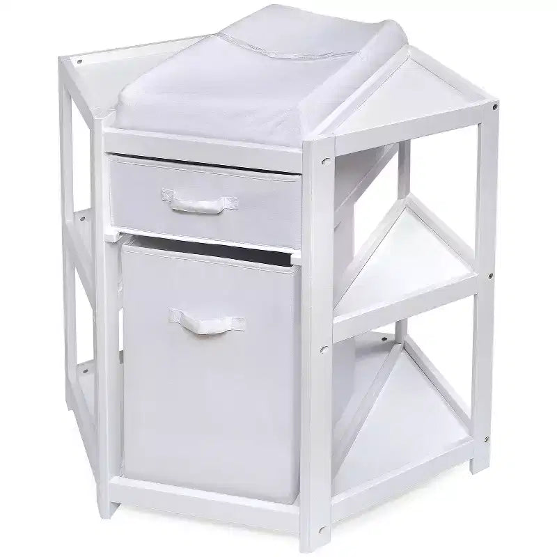 HomeStock Corner Baby Changing Table with Hamper & Storage Drawer, Space-Saving Nursery Organizer with Safety Belt & Pad