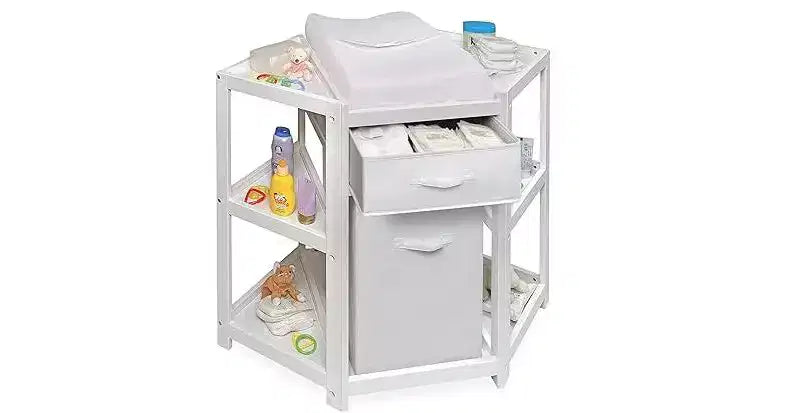 Table à langer d'angle avec panier à linge et tiroir de rangement