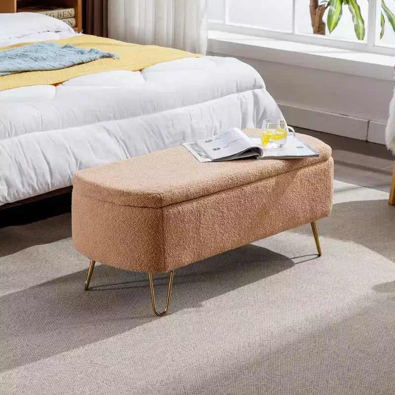 Modern Storage Footstool With Faux Fur Cushion Seat
