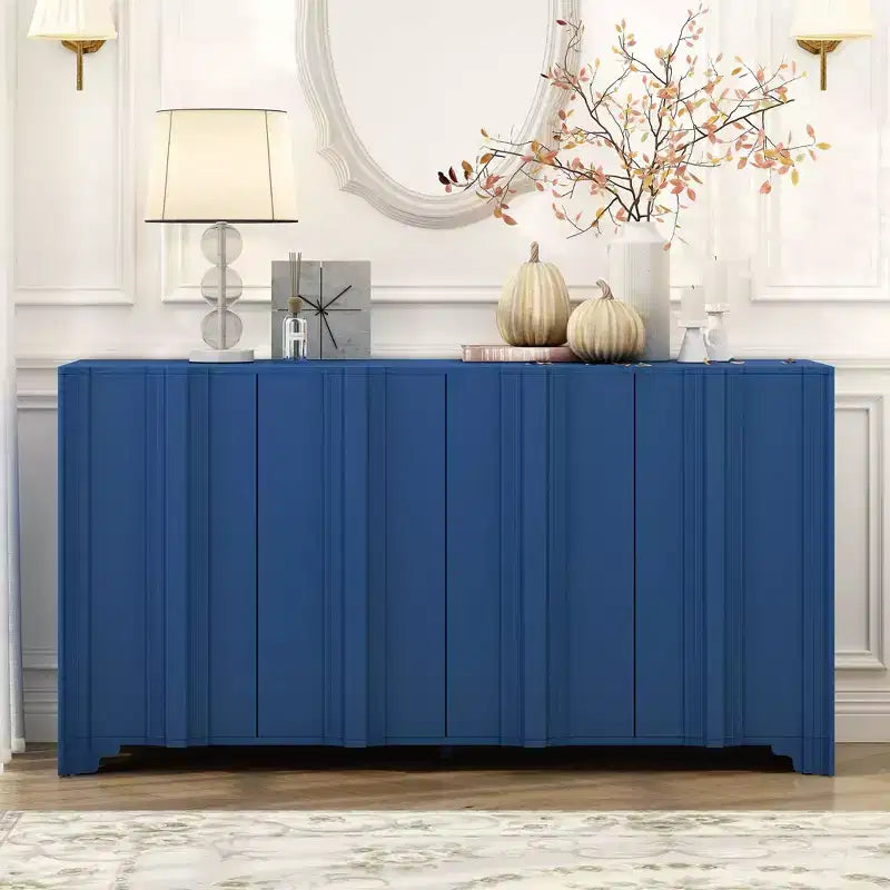 TUYOHW Modern 4-Door Sideboard,Storage Cabinet with Linear Accents,Pine Veneer,Triangular Legs,Console Cabinet for Living Room,Entryway,Study