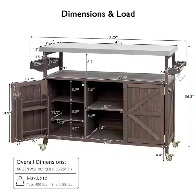 Îlot de cuisine extérieure avec plateau en acier inoxydable, table de préparation de barbecue mobile