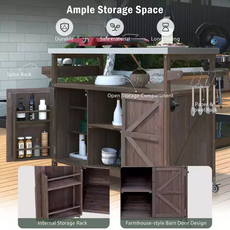 Îlot de cuisine extérieure avec plateau en acier inoxydable, table de préparation de barbecue mobile