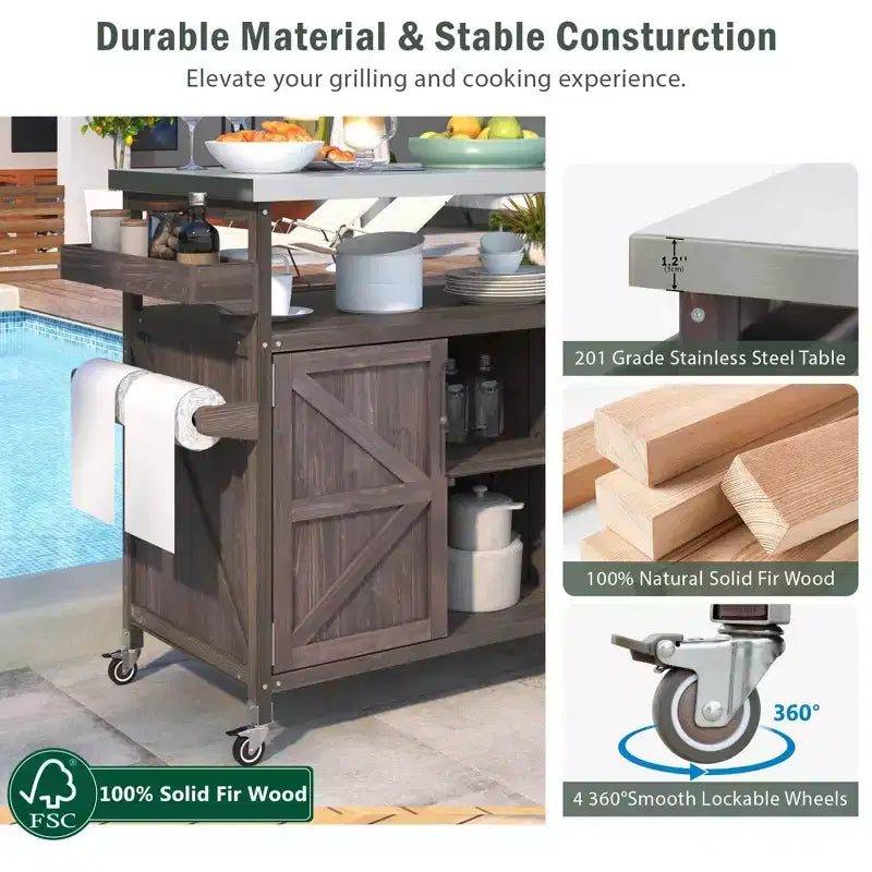 Îlot de cuisine extérieure avec plateau en acier inoxydable, table de préparation de barbecue mobile