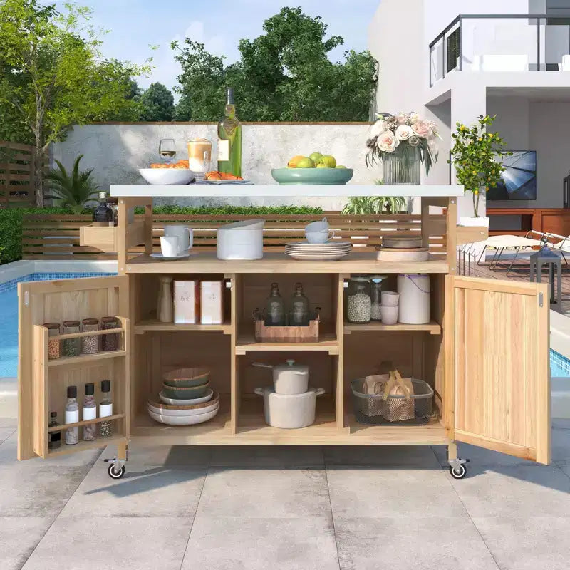 Îlot de cuisine extérieure avec plateau en acier inoxydable, table de préparation de barbecue mobile