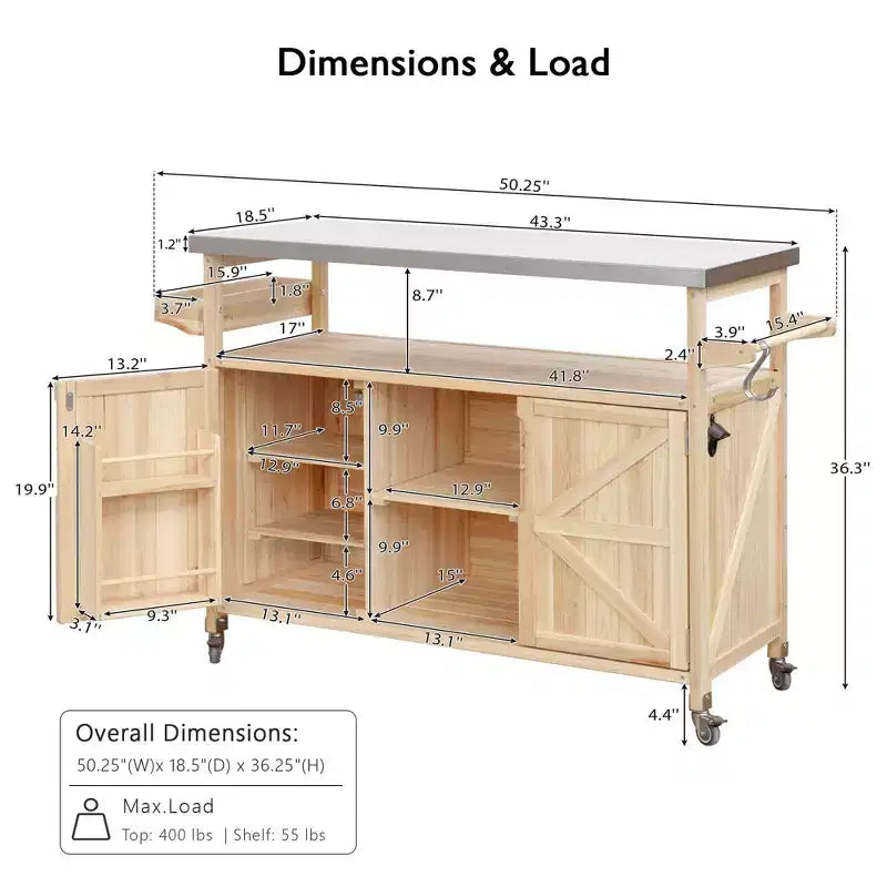 Îlot de cuisine extérieure avec plateau en acier inoxydable, table de préparation de barbecue mobile