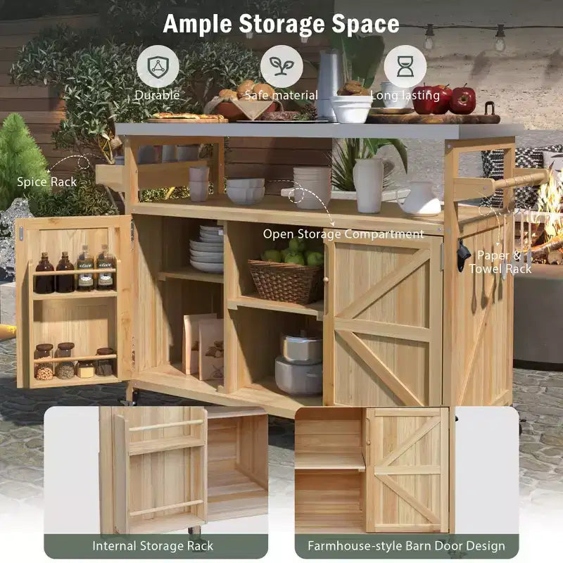 Îlot de cuisine extérieure avec plateau en acier inoxydable, table de préparation de barbecue mobile