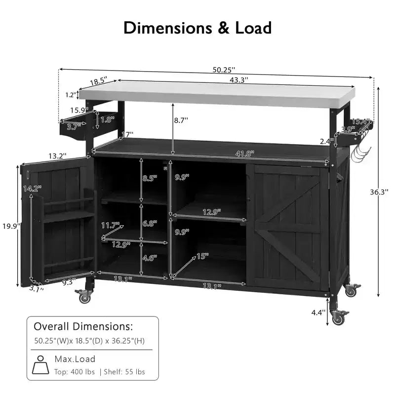 Îlot de cuisine extérieure avec plateau en acier inoxydable, table de préparation de barbecue mobile