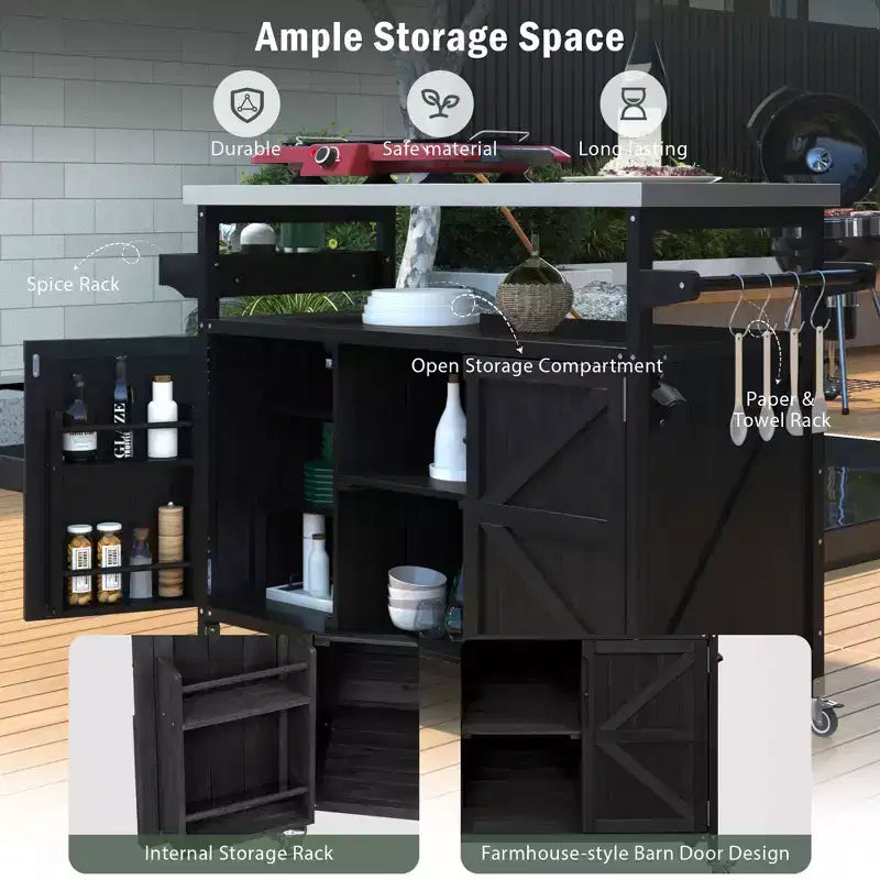 Îlot de cuisine extérieure avec plateau en acier inoxydable, table de préparation de barbecue mobile