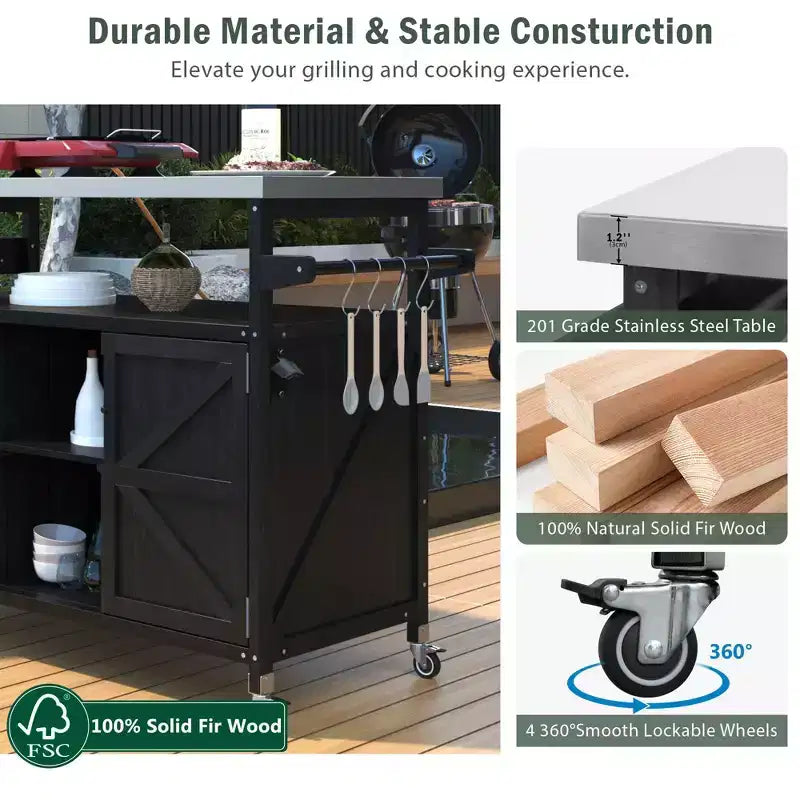 Îlot de cuisine extérieure avec plateau en acier inoxydable, table de préparation de barbecue mobile