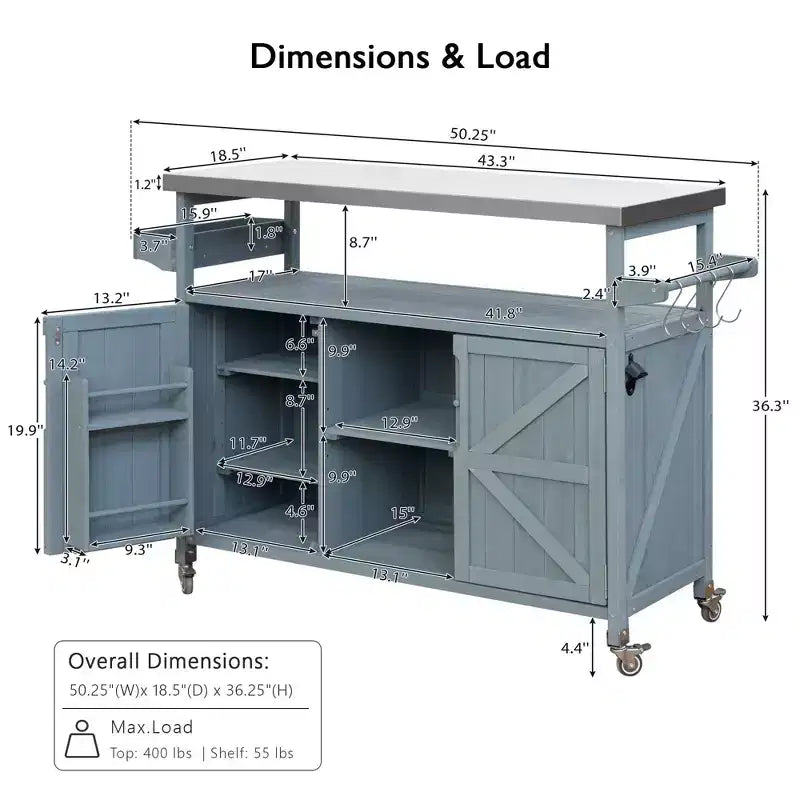 Îlot de cuisine extérieure avec plateau en acier inoxydable, table de préparation de barbecue mobile