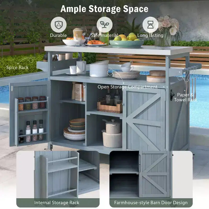 Îlot de cuisine extérieure avec plateau en acier inoxydable, table de préparation de barbecue mobile