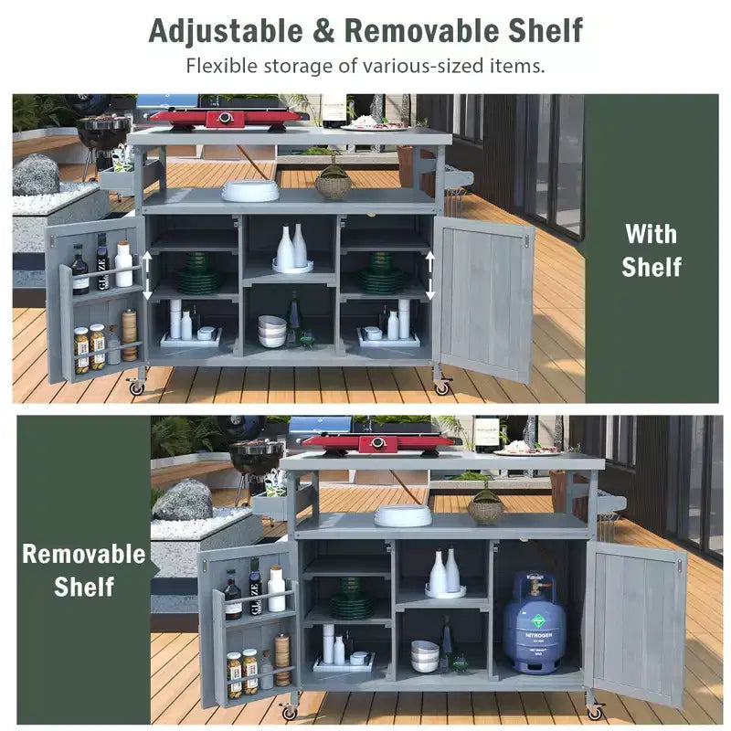 Îlot de cuisine extérieure avec plateau en acier inoxydable, table de préparation de barbecue mobile