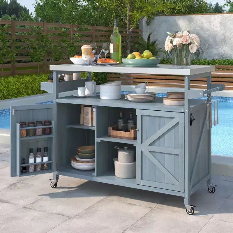Îlot de cuisine extérieure avec plateau en acier inoxydable, table de préparation de barbecue mobile