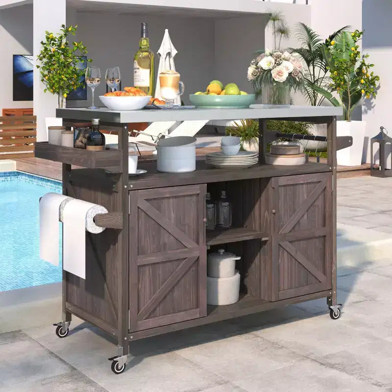 Îlot de cuisine extérieure avec plateau en acier inoxydable, table de préparation de barbecue mobile