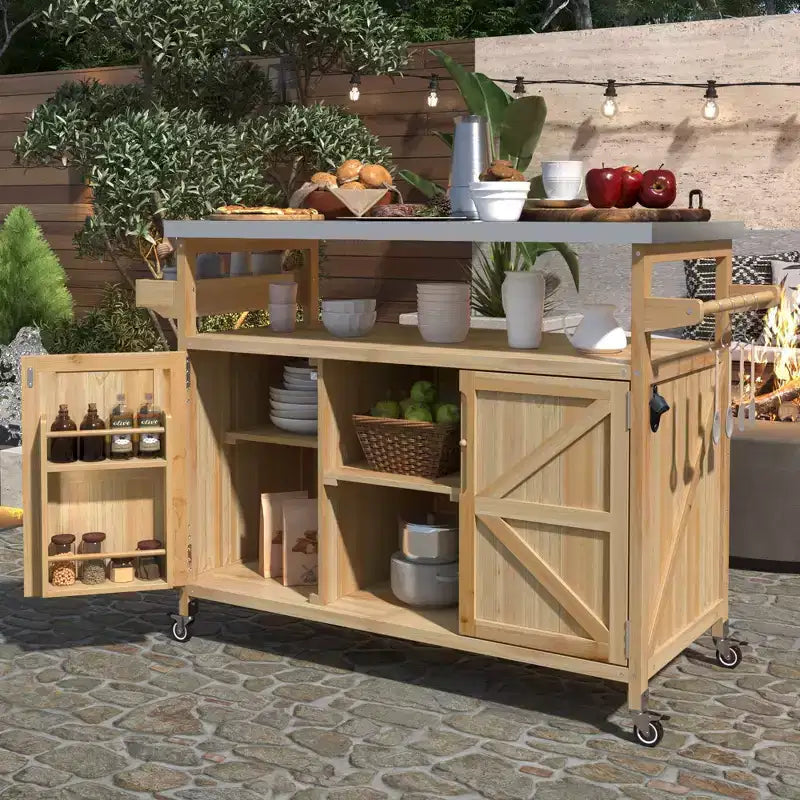 Îlot de cuisine extérieure avec plateau en acier inoxydable, table de préparation de barbecue mobile