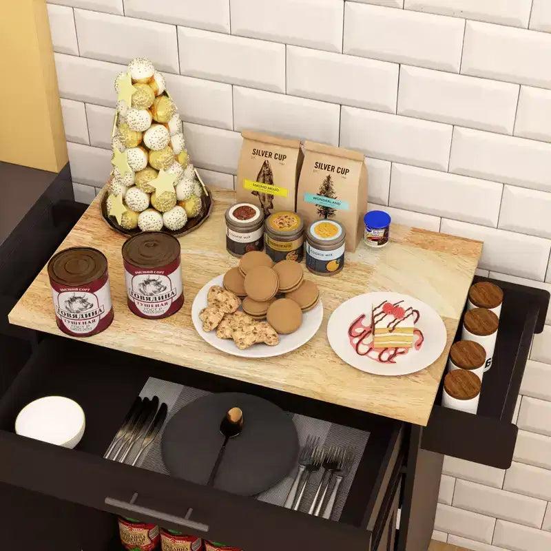 Dessert de cuisine roulant avec plateau en bois d'hévéa, Îlot de cuisine roulant