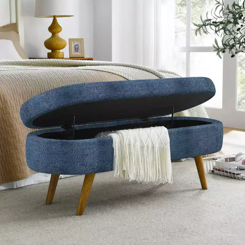 Banc de rangement capitonné ovale avec pieds en bois d'hévéa, Pouf d'entrée moderne
